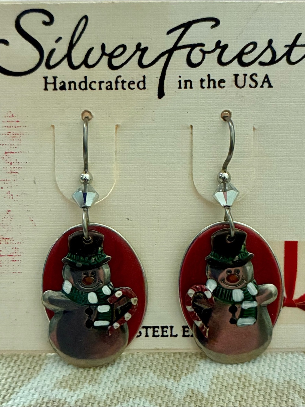 Silver Forest Snowman Earrings Holiday Silver Tone Wire Surgical Steel